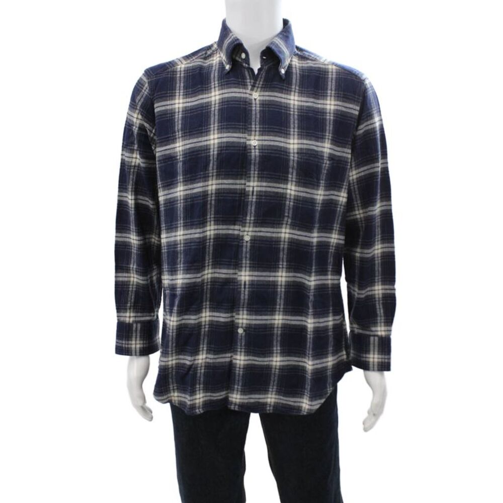 Davide Cenci Mens Button Front Collared Plaid Shirt Navy White Cotton Size 16